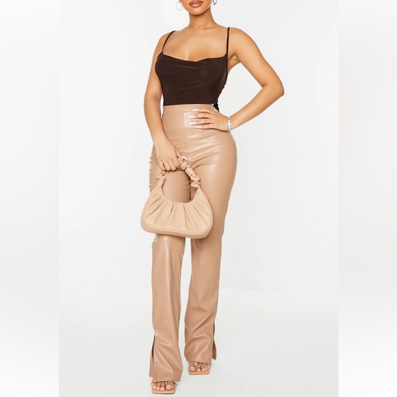 Pretty Little Thing Tan Faux Leather High Waist Pants Hemline Slits Sz 6 - Picture 2 of 12